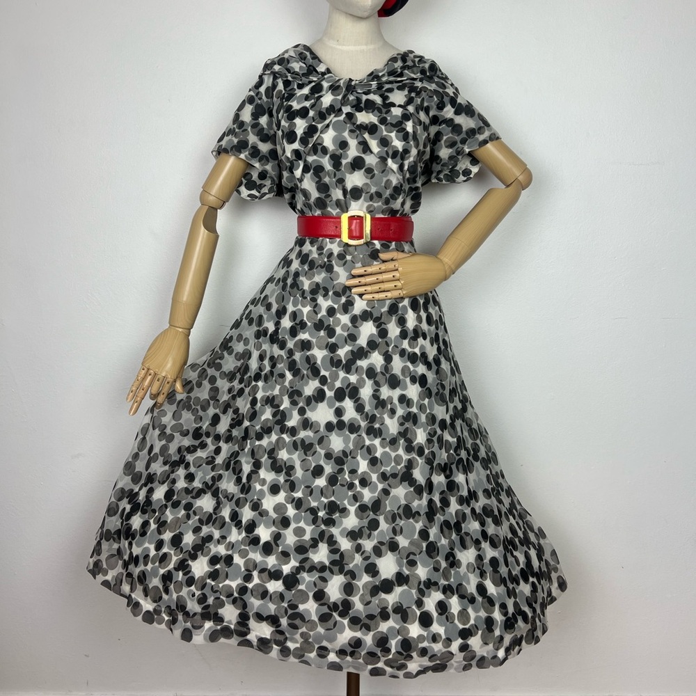 1950’s Vintage BLACK & WHITE Polkadot Polka Dot Chiffon Overlay Party Dress L XL - Picture 2 of 16